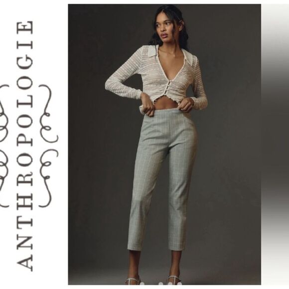 Anthropologie Gray Plaid Printed Dress work pants ankle trousers size 2 Tall 2T - Picture 1 of 11